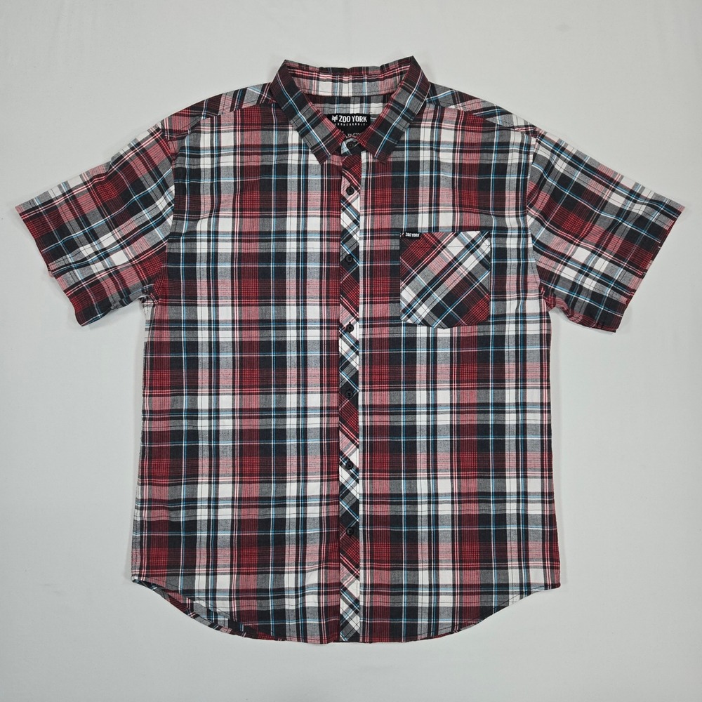 Zoo‎ York Men XXL Plaid Button Shirt Red Black Blue Check Streetwear Skate Y2K